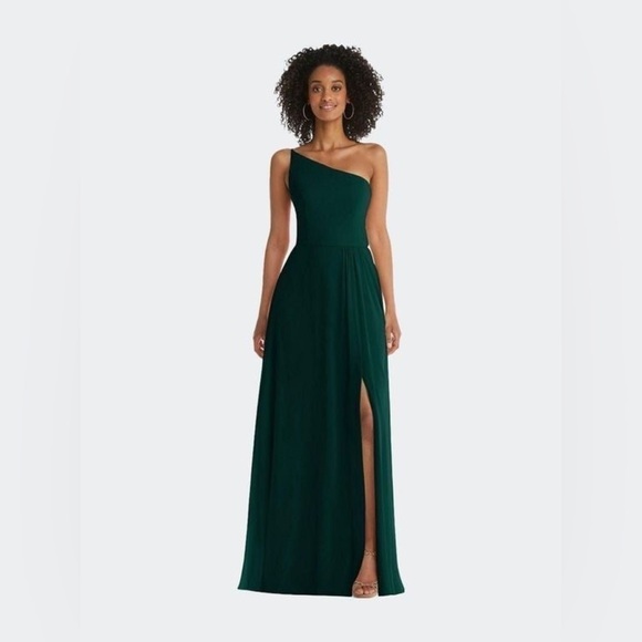 AFTER SIX One-Shoulder Chiffon Maxi Dress w/ Shirred Front Slit -Evergreen Sz 10 - Picture 3 of 12